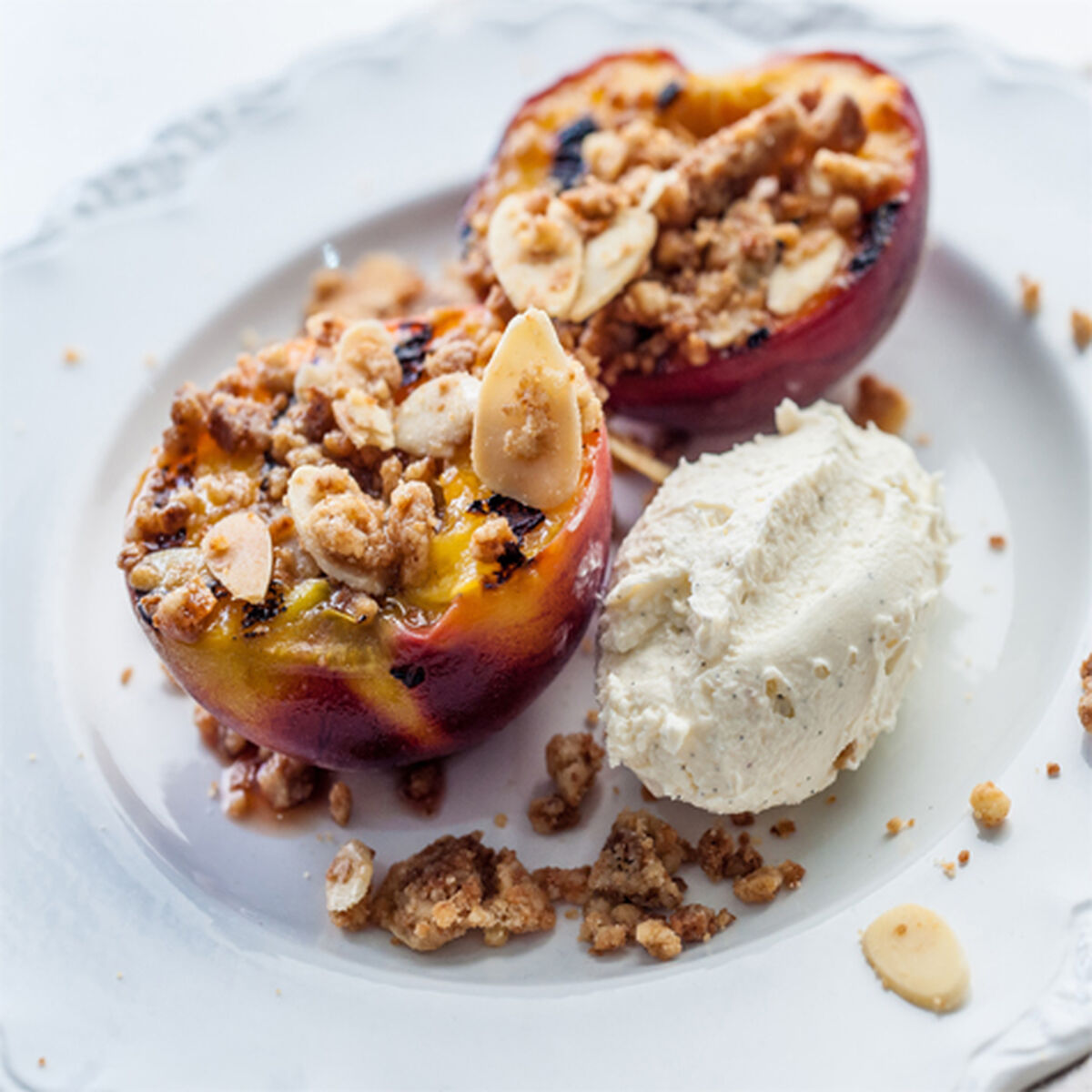 Amaretto Peaches with Almond Crumble and Vanilla Cream-1