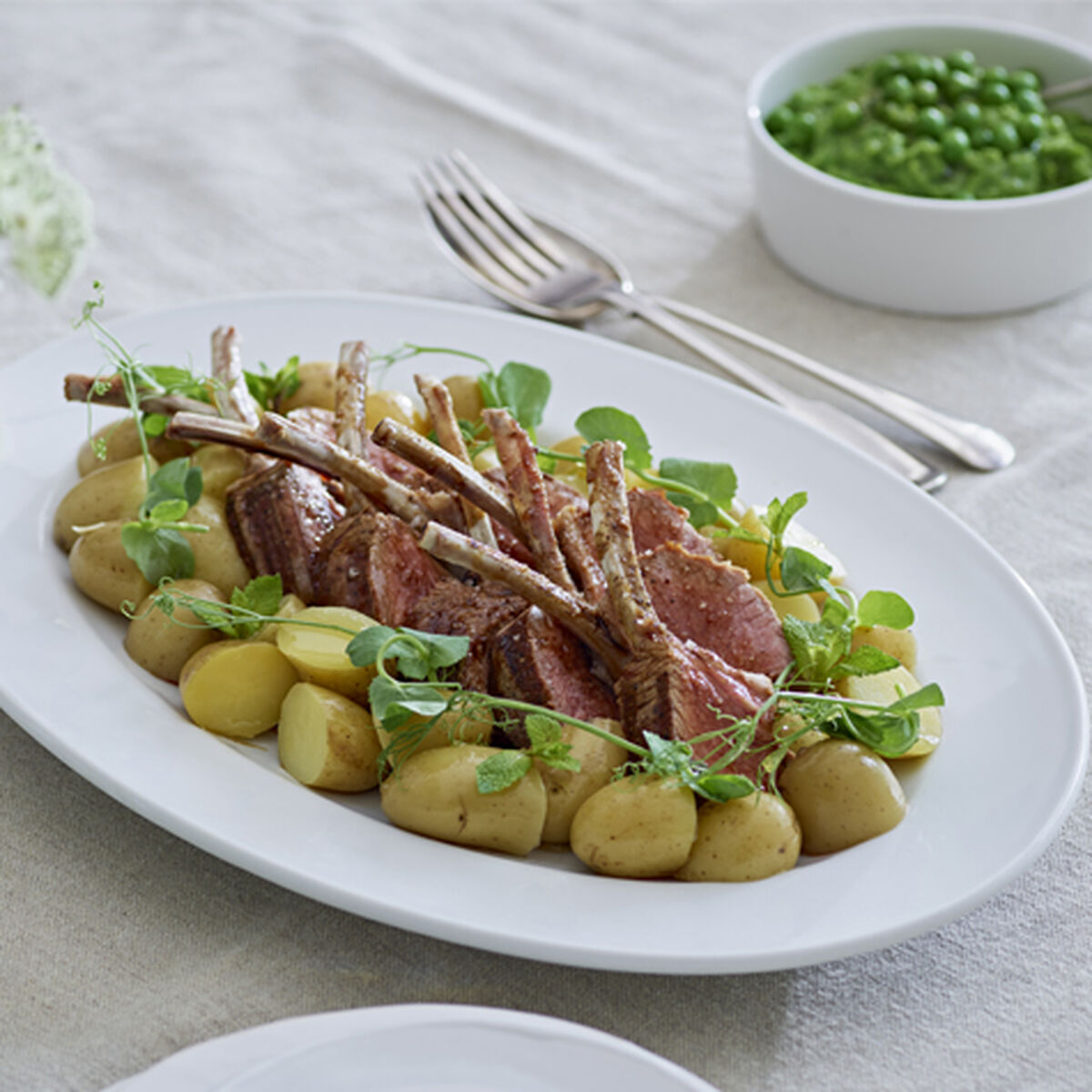 Chargrilled Spring Lamb with Jersey Royals and Minted Pea Puree-1