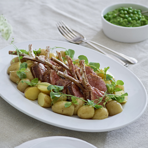 Chargrilled Spring Lamb with Jersey Royals and Minted Pea Puree, Recipes